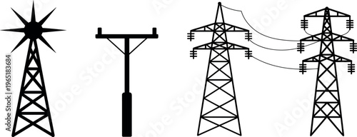 Black Silhouette Vector Set of High Voltage Power Lines Electric Transmission Towers and Windmill Isolated on White Background for Industrial Energy and Utility Projects