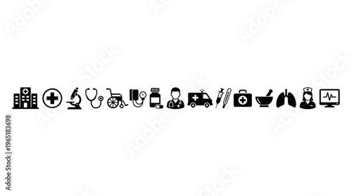 Minimalist black healthcare icons set featuring hospital, doctor, nurse, stethoscope, ambulance, syringe, pill, lungs, heart monitor, medical essentials.