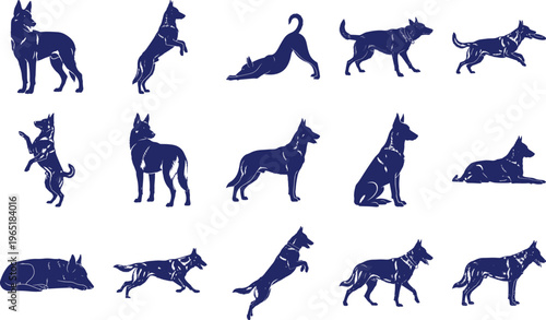 Blue Silhouette Belgian Malinois Dogs in Various Poses