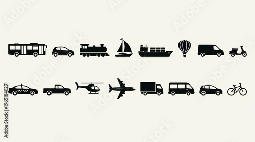 Black silhouette icons of diverse transportation modes including land, air, and water vehicles arranged in clean minimal vector style.