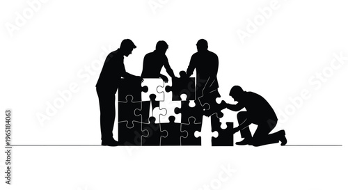 Silhouettes of people collaborating to connect puzzle pieces representing teamwork