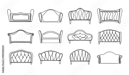Continuous line headboard icon set monoline bed furniture minimalist interior vector illustration