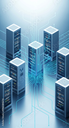 Futuristic server towers in a digital landscape.