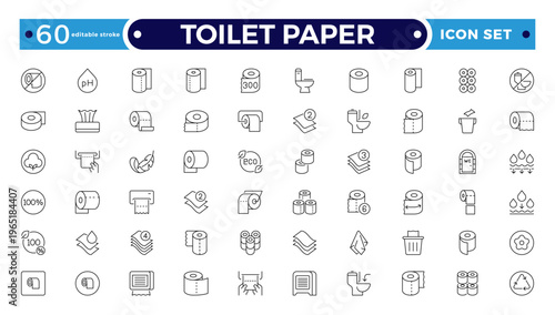 Toilet Paper Tissue Icon Set with Hygiene, Bathroom, Soft Cotton, Biodegradable Wipe, Napkin, and Sanitary Outline icon for Clean, Fresh, and Modern Personal Care. Editable stroke outline icon.
