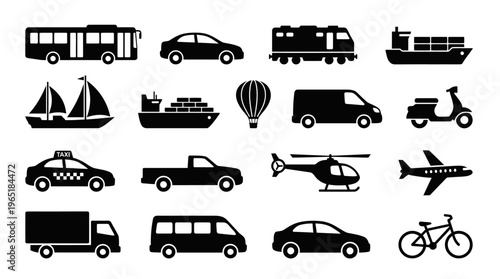 Black silhouette icons of diverse transportation modes including land, air, and water vehicles arranged in clean minimal vector style.