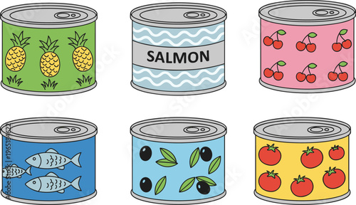 Cartoon canned food in colorful vector illustration of fruits, fish, salmon, olives, and tomatoes packaging design