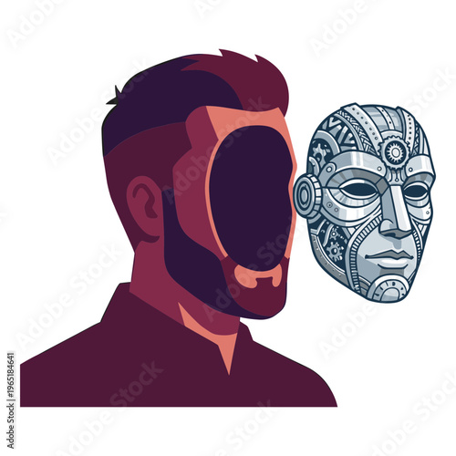 Man with robotic face next to silver tribal mask illustration