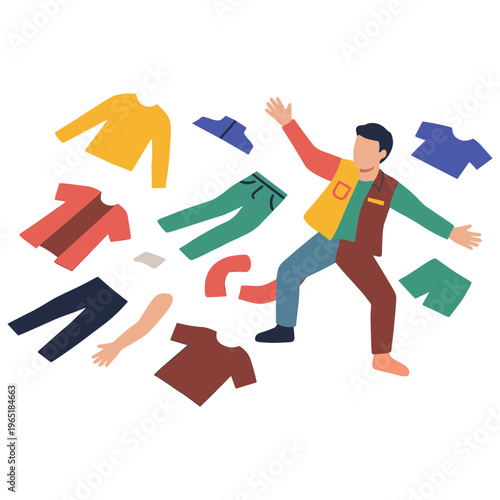 A person wearing multicolored clothing is surrounded by various scattered clothes and body parts in a playful scene.