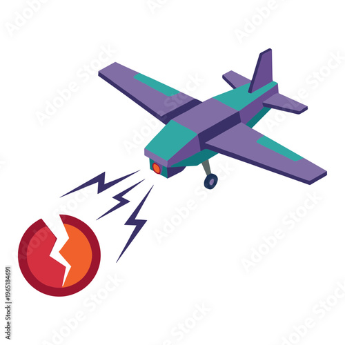 An airplane crashes into a cracked planet with lightning bolts flying nearby.