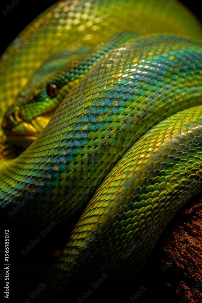 Obraz premium Vibrant Green Tree Python Coiled on Branch
