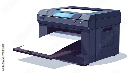 Inkjet printer illustration dispensing a blank white sheet of paper on white backdrop