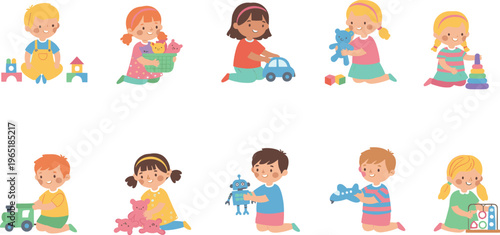 Cartoon children playing with toys in colorful vector illustration of early childhood fun, learning, and development