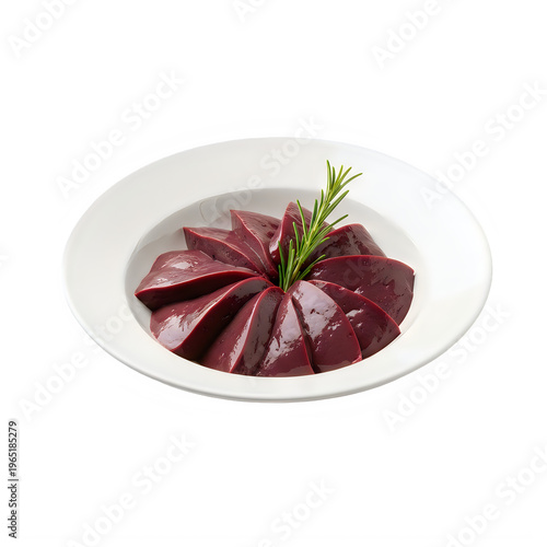 Fresh raw beef liver slices arranged on a white ceramic round plate
