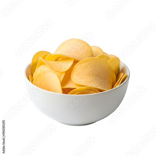 Crispy potato chips served in a simple white ceramic bowl snack