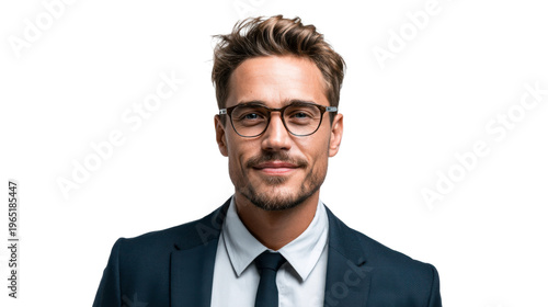 A confident and approachable young businessman wearing stylish glasses and a smart suit smiles warmly while looking directly at the camera, ideal for corporate profiles, professional