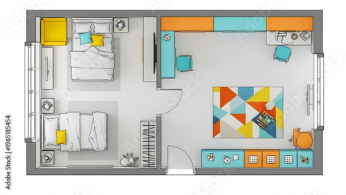 Modern children room floor plan, colorful furniture layout, white background, 3D interior design, home plan, kid-friendly bedroom illustration