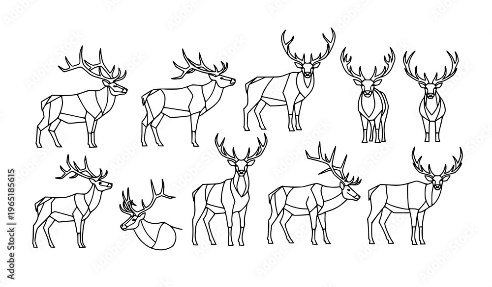 Obraz premium Modern geometric elk line art set abstract deer silhouettes minimalist wildlife vector illustration