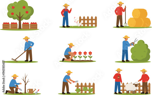 Cartoon farming and gardening activities in colorful vector illustration of planting, harvesting, animal care, and outdoor work