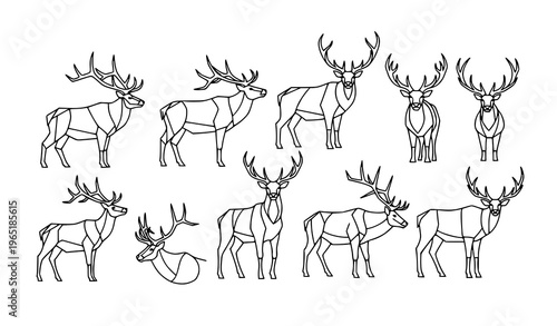 Modern geometric elk line art set abstract deer silhouettes minimalist wildlife vector illustration