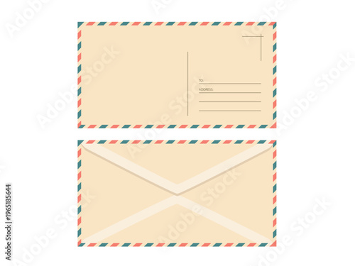 Vintage Empty airmail envelope template. Front and back views of classic postal letter with red and blue striped border. Retro mail design for invitation, postcard, travel. Vector illustration.
