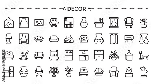 Home Decor Icons Vector Set Interior Design Furniture and Decorative Objects Line Art 