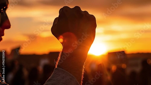 Rising Fist Against the Horizon: The silhouette of a raised fist symbolizes strength and determination, set against a fiery sunset, evoking themes of protest, resilience, and unity. 