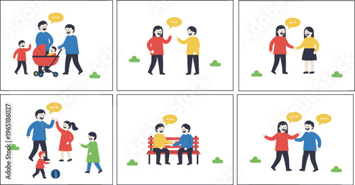 Cartoon people social interaction in colorful vector illustration of communication, friendship, and outdoor activities