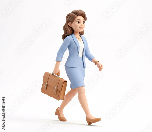 3D character woman professional carrying briefcase walking on white background