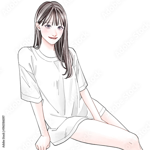 Foto はにかみながら座っている女性