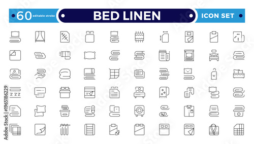 Bed Linen outline Icon Set with Blanket, Pillow, Sheet, Towel, and Duvet Symbols. Soft Cotton Textile Outline Icons for Hotel, Bedroom, Bathroom, and Home Comfort Design. Editable stroke outline icon
