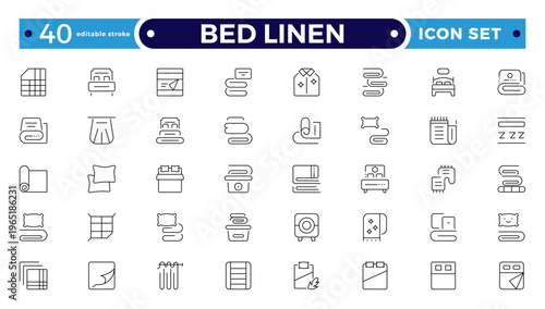 Bed Linen outline Icon Set with Blanket, Pillow, Sheet, Towel, and Duvet Symbols. Soft Cotton Textile Outline Icons for Hotel, Bedroom, Bathroom, and Home Comfort Design. Editable stroke outline icon
