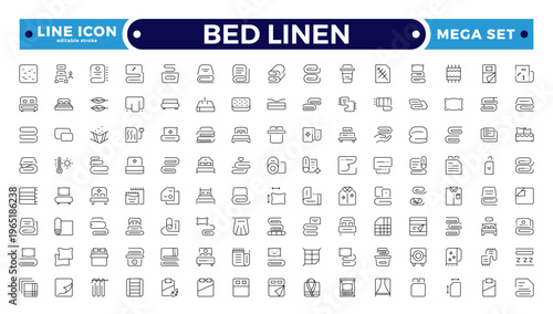 Bed Linen outline Icon Set with Blanket, Pillow, Sheet, Towel, and Duvet Symbols. Soft Cotton Textile Outline Icons for Hotel, Bedroom, Bathroom, and Home Comfort Design. Editable stroke outline icon
