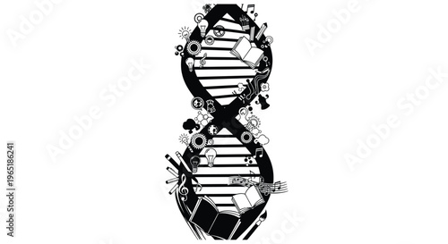 A stylized dna strand illustration incorporating symbols of learning and creativity