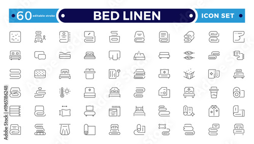 Bed Linen outline Icon Set with Blanket, Pillow, Sheet, Towel, and Duvet Symbols. Soft Cotton Textile Outline Icons for Hotel, Bedroom, Bathroom, and Home Comfort Design. Editable stroke outline icon
