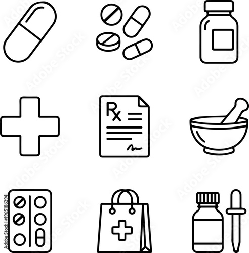 Pharmacy and medication icons set with pharmaceutical tools for drugstore branding
