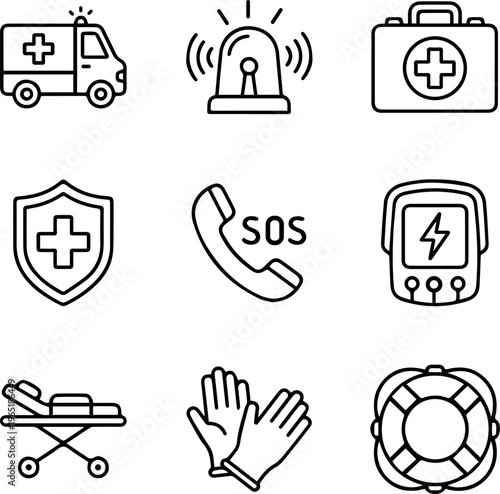 Emergency medical icons set with urgent care and first responder symbols for safety design