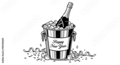 happy new year champagne bottle in ice bucket