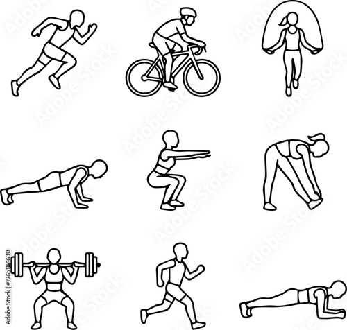Fitness activities icons set showing people performing various exercises and athletic sports