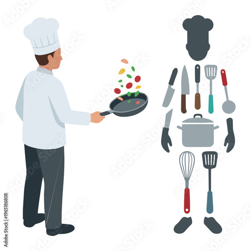 A chef prepares food with a robot made of kitchen utensils nearby.