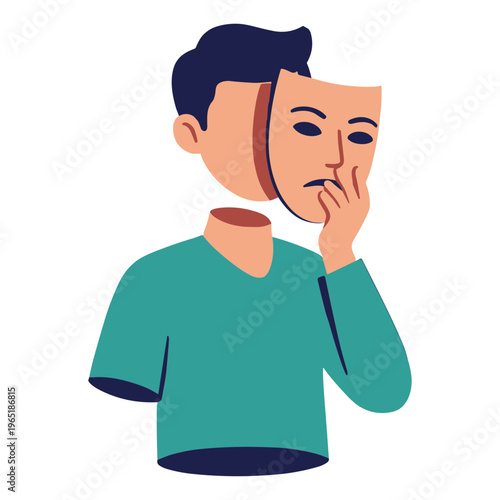 A man in a green shirt is contemplating with a mask on half of his face.