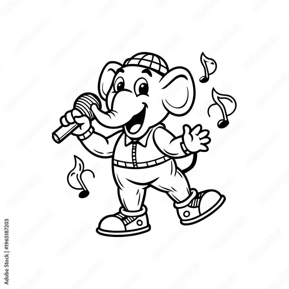 Fototapeta premium Cartoon elephant character singing into a microphone with musical notes, black and white line art illustration.