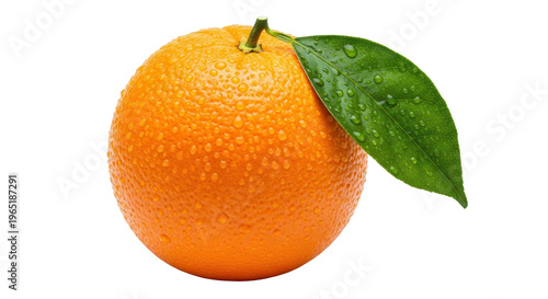 Fresh Orange with Water Droplets and Green Leaf