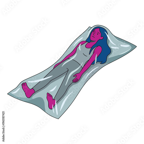 Woman lies on inflatable air mattress indoors with pink and blue aesthetic