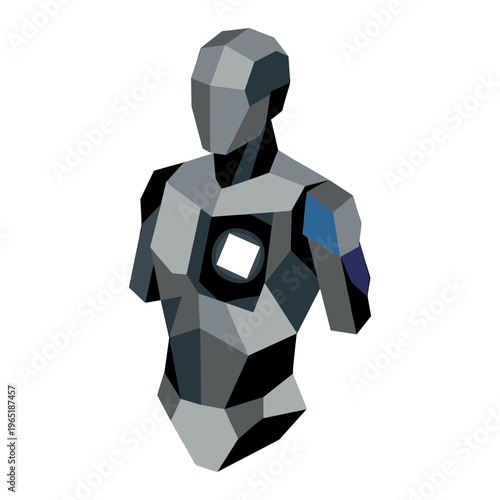 A futuristic illustration of a humanoid robot standing alone in a digital environment with a sleek metallic body.