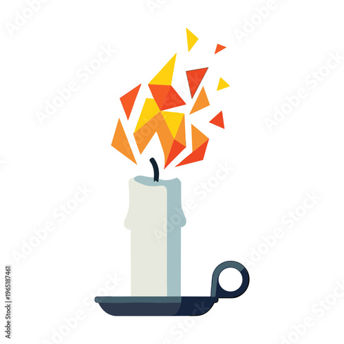 A burning candle with abstract flames on a holder indoors emits light