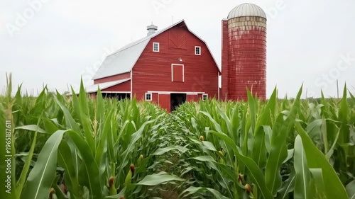 Panning tracking shot of red barn framed by corn rows with silo in rural farmland under overcast sky