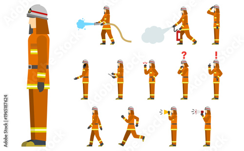 フラットイラスト：オレンジの消防服の消防士セット(サイド)