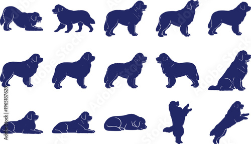 Blue Silhouettes of Newfoundland Dogs in Various Poses