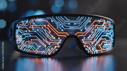 Vision of Technology: Futuristic smart glasses reflect a complex circuit board design, showcasing innovation and the cutting-edge tech.
