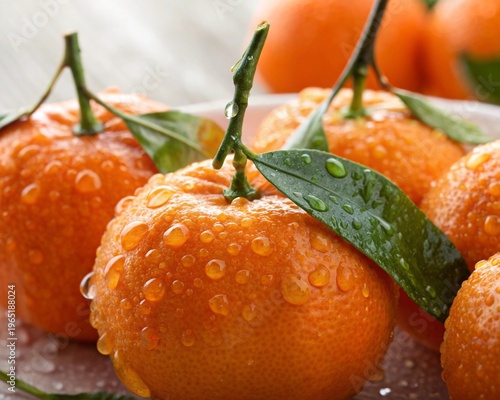 Fresh Organic Tangerines with Green Leaves and Water Drops on White Plate Macro Photography